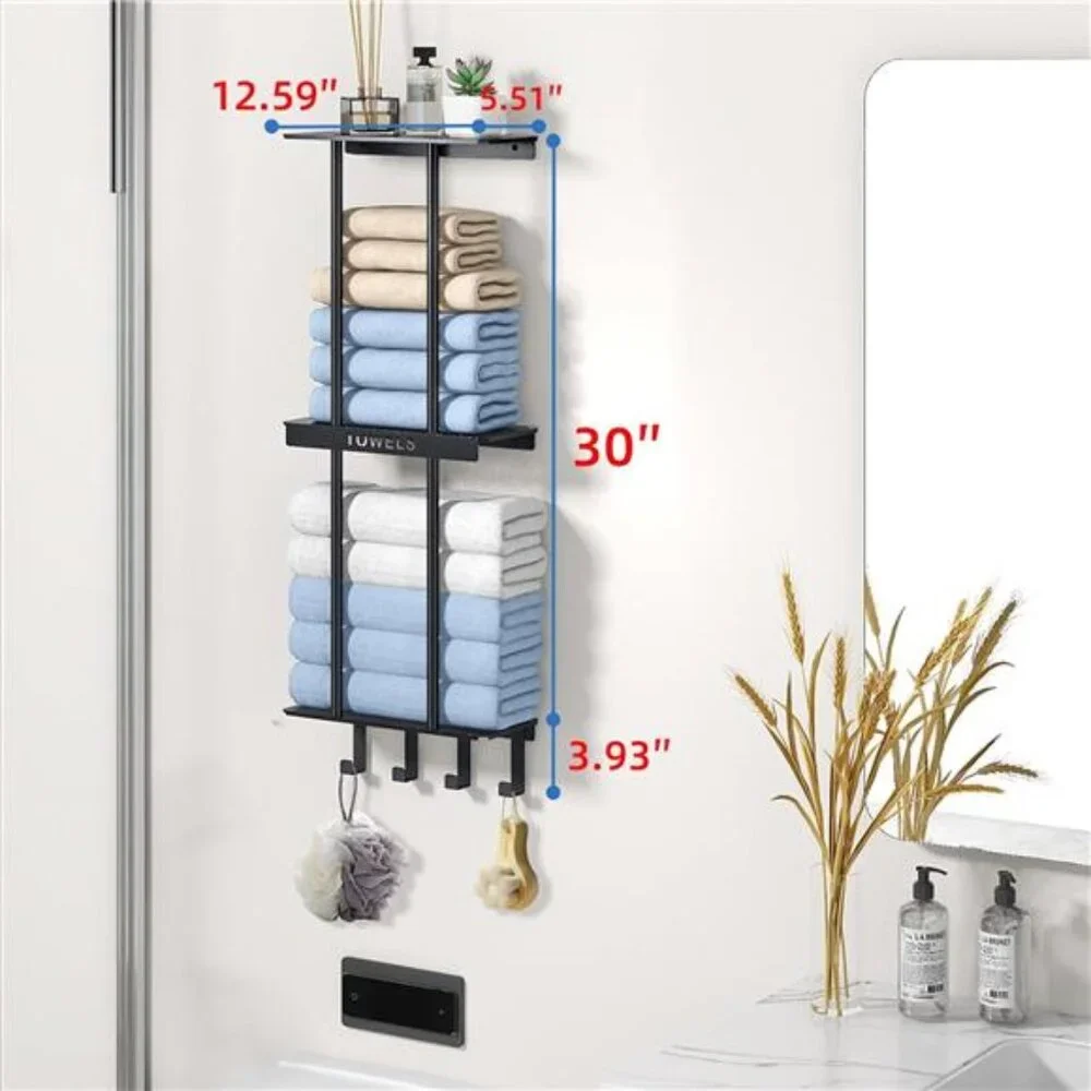 Bathroom Towel Rack w/ Shelf, 3 Tier Towel Storage Rack  Wall Mounted w/ 4 Hooks